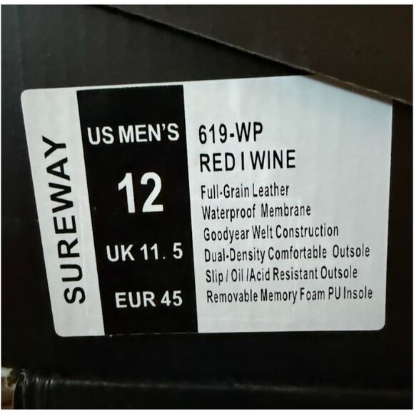 SUREWAY Heavy Duty Soft Toe Full Grain Leather Work Boots Red Wine Size 12 NEW